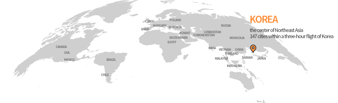 동북아시아의 중심부, 비행거리 3시간 이내 주변 도시 147개